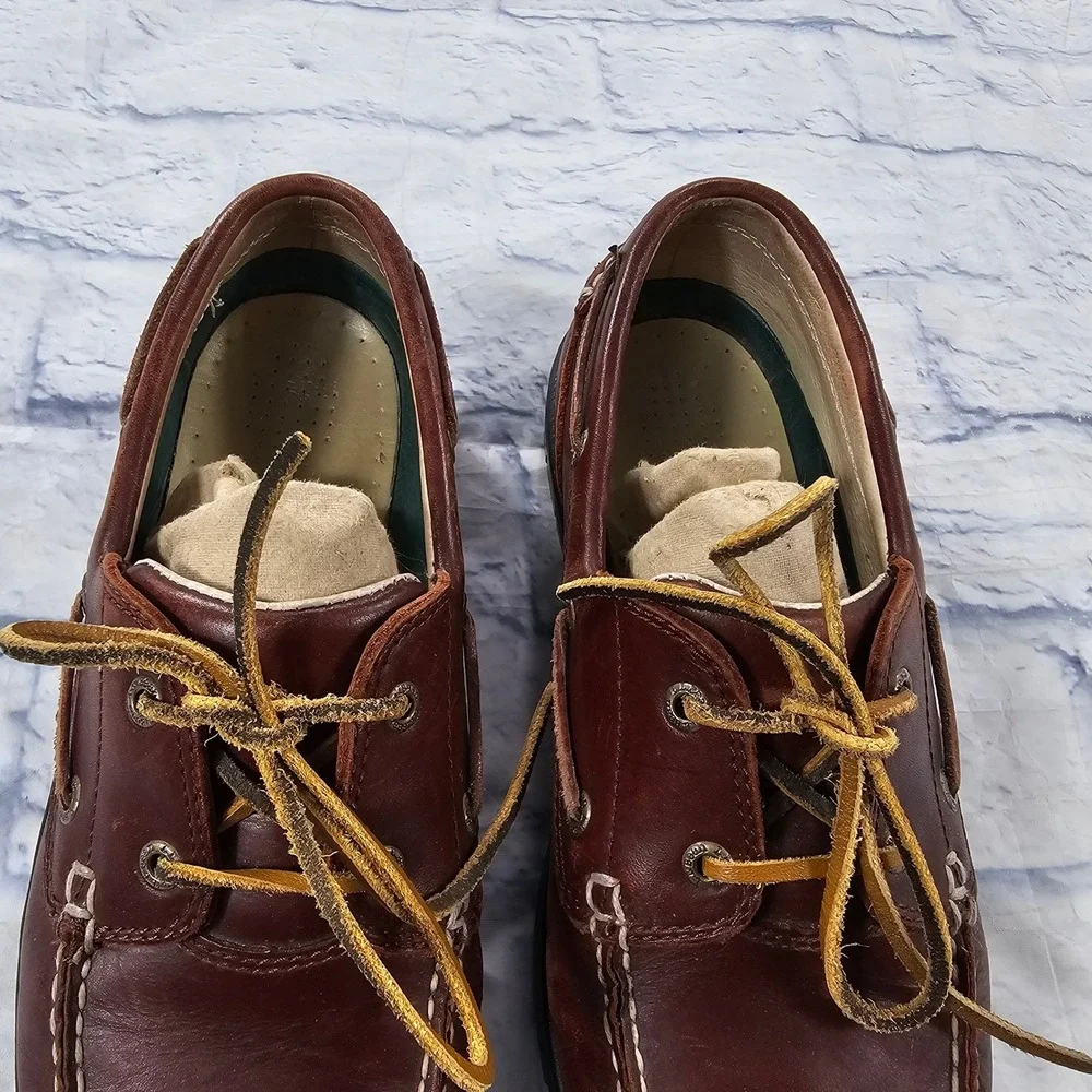 LL Bean Camp Moc Boat Shoes Mens 9.5 W Brown Leather Lug Sole Nautical Handsewn